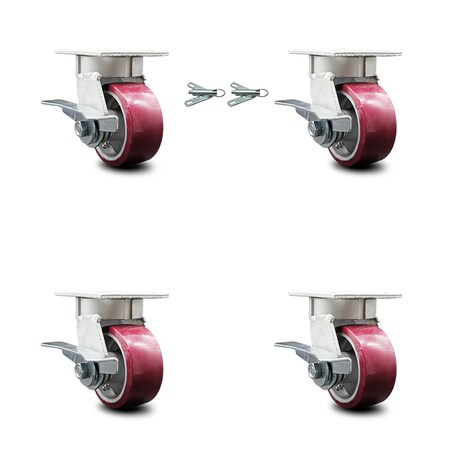 4 Inch Kingpinless Poly on Aluminum Wheel Caster Brakes 2 Swivel Locks SCC 4PK